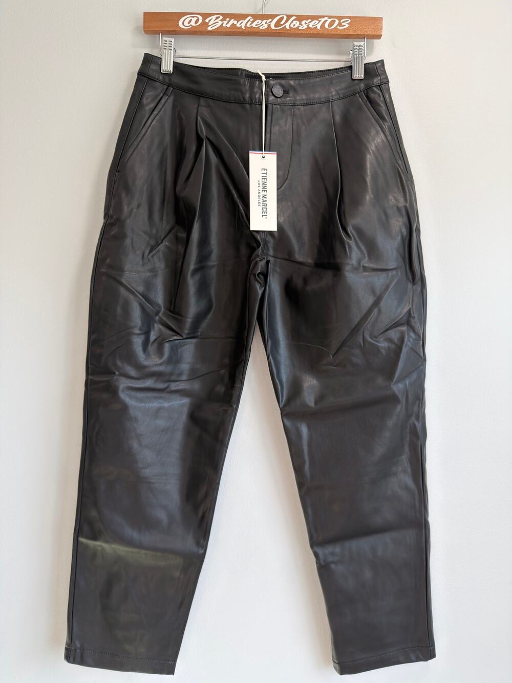 Etienne Marcel Pleated Black Faux Leather Trouser Pant Stretch NWT 25